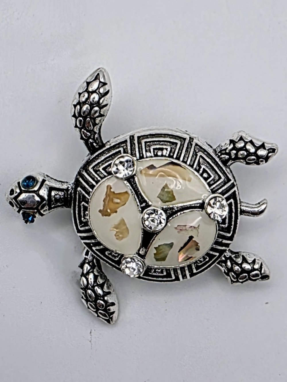 Sea Turtle Brooch Silver Tone Abalone Shell Rhinestone Beach Jewelry